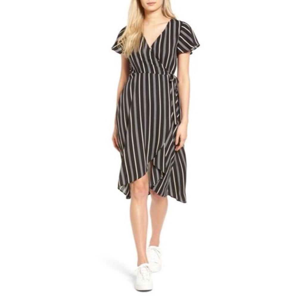 Black, White, & Cream Striped Midi Wrap Dress